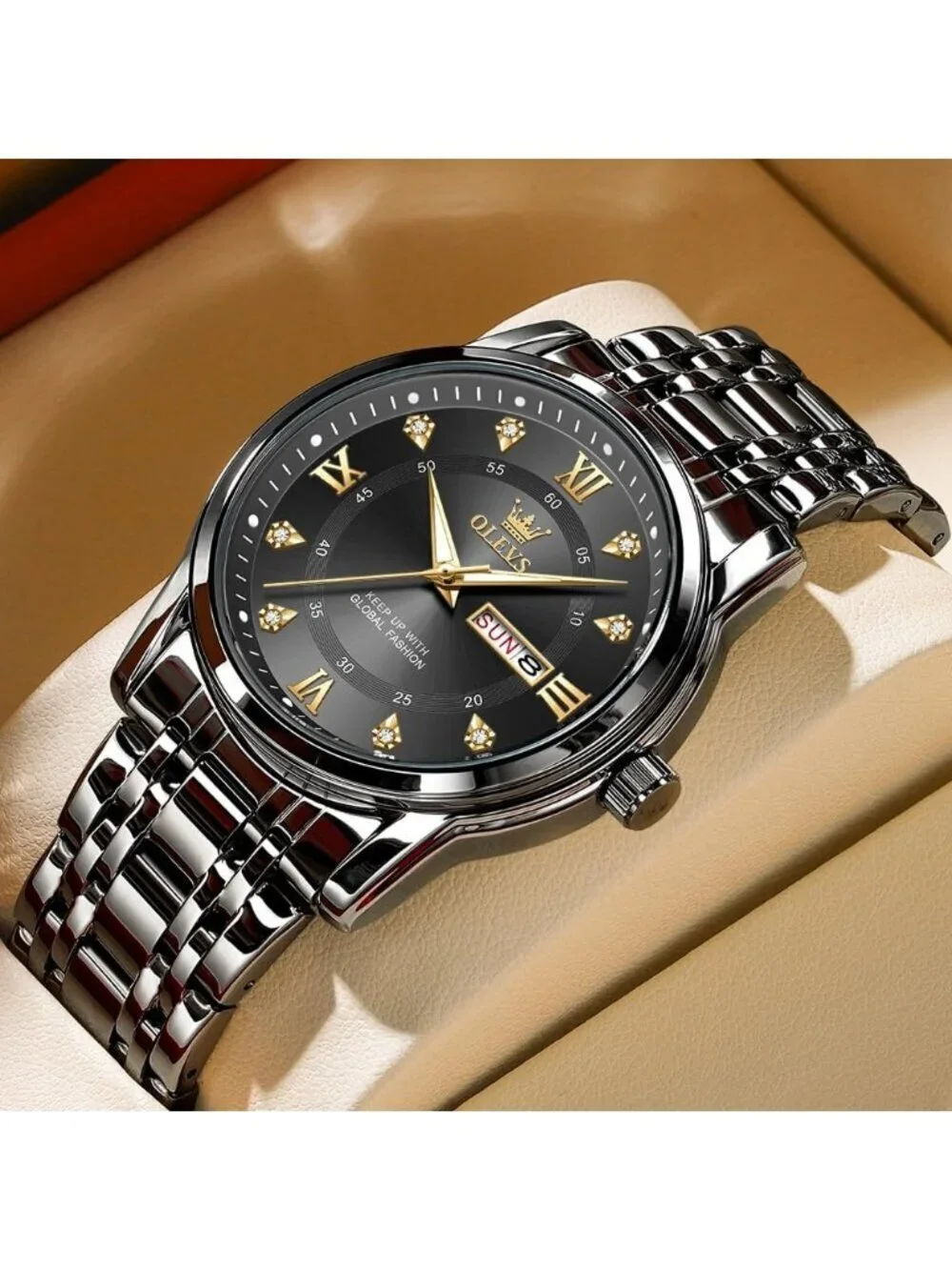 Men's All Black Quartz Stainless Steel Waterproof Luminous Luxury Wooden Watch